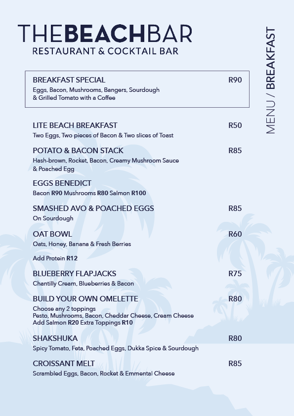 Our Menu The Beach Bar Houtbay