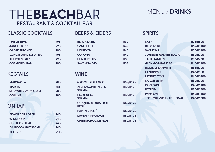 Our Menu The Beach Bar Houtbay