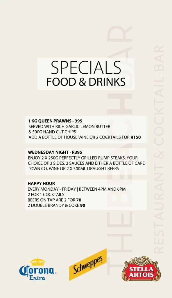 Food and drink specials at The Beach Bar Hout Bay including prawns, steak night, and happy hour deals.