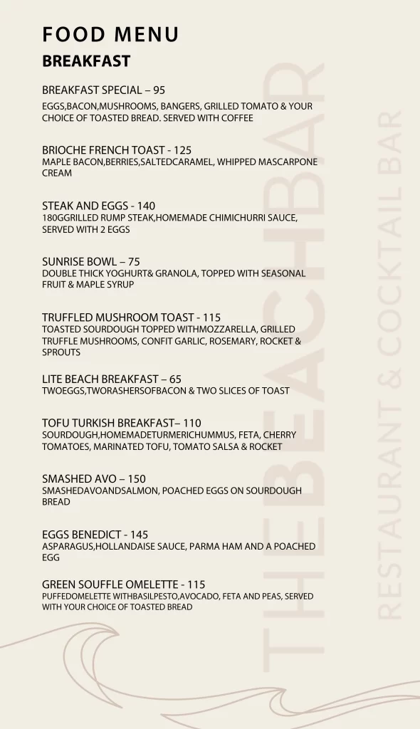 Breakfast menu at The Beach Bar Hout Bay with options like eggs benedict, smashed avo, and truffled mushroom toast.
