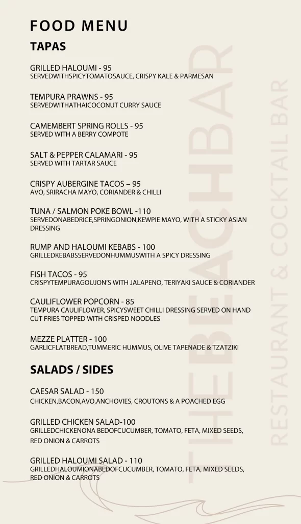 Tapas and salad menu at The Beach Bar Hout Bay featuring grilled haloumi, calamari, poke bowls, and Caesar salad.