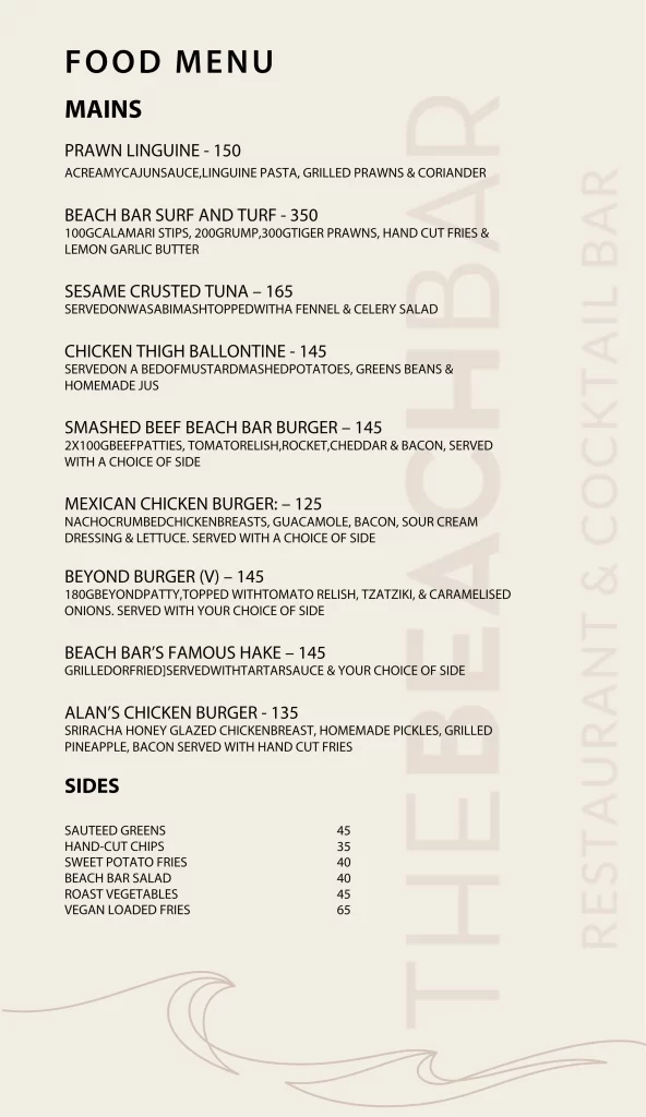 Main course menu at The Beach Bar Hout Bay with seafood, burgers, and chicken dishes.