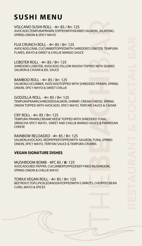Sushi menu at The Beach Bar Hout Bay with rolls like Volcano, Godzilla, and Rainbow Reloaded.