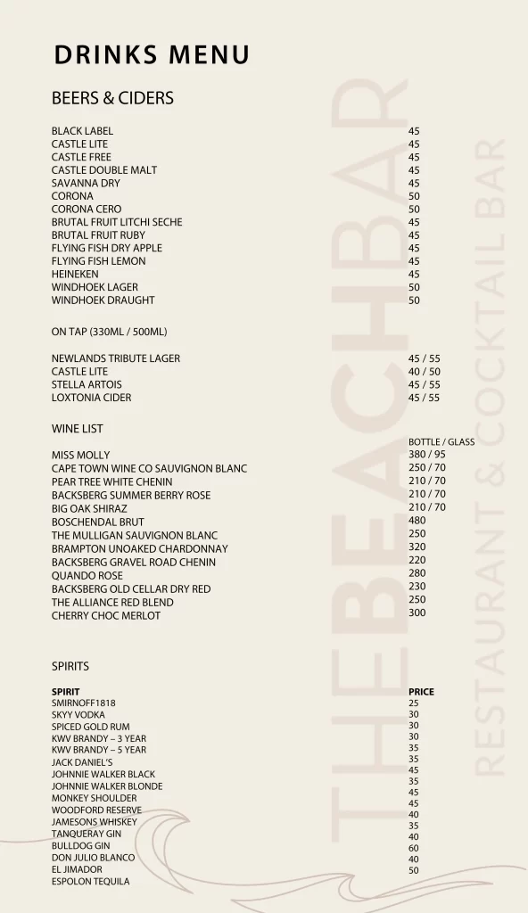 Drinks menu at The Beach Bar Hout Bay featuring local beers, wines, and premium spirits.