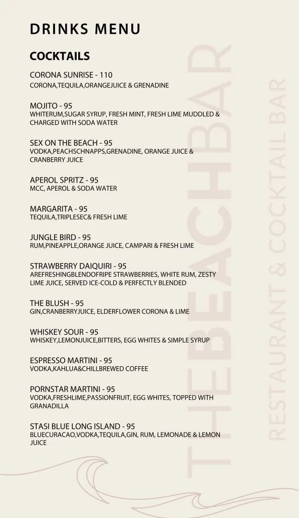 Cocktail menu at The Beach Bar Hout Bay with drinks like Mojito, Aperol Spritz, and Espresso Martini.