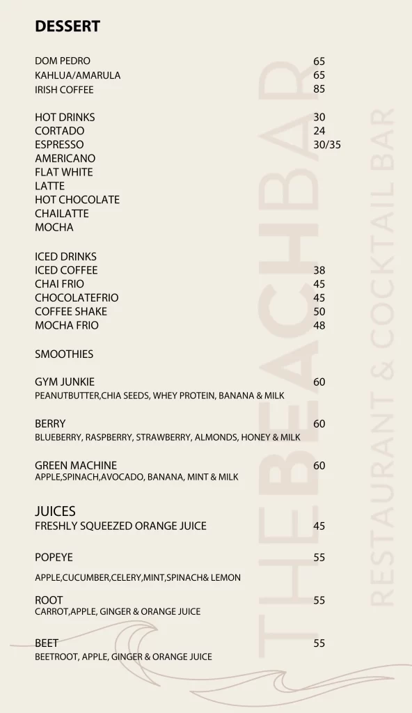 Dessert and drinks menu at The Beach Bar Hout Bay including smoothies, coffee, and fresh juices.