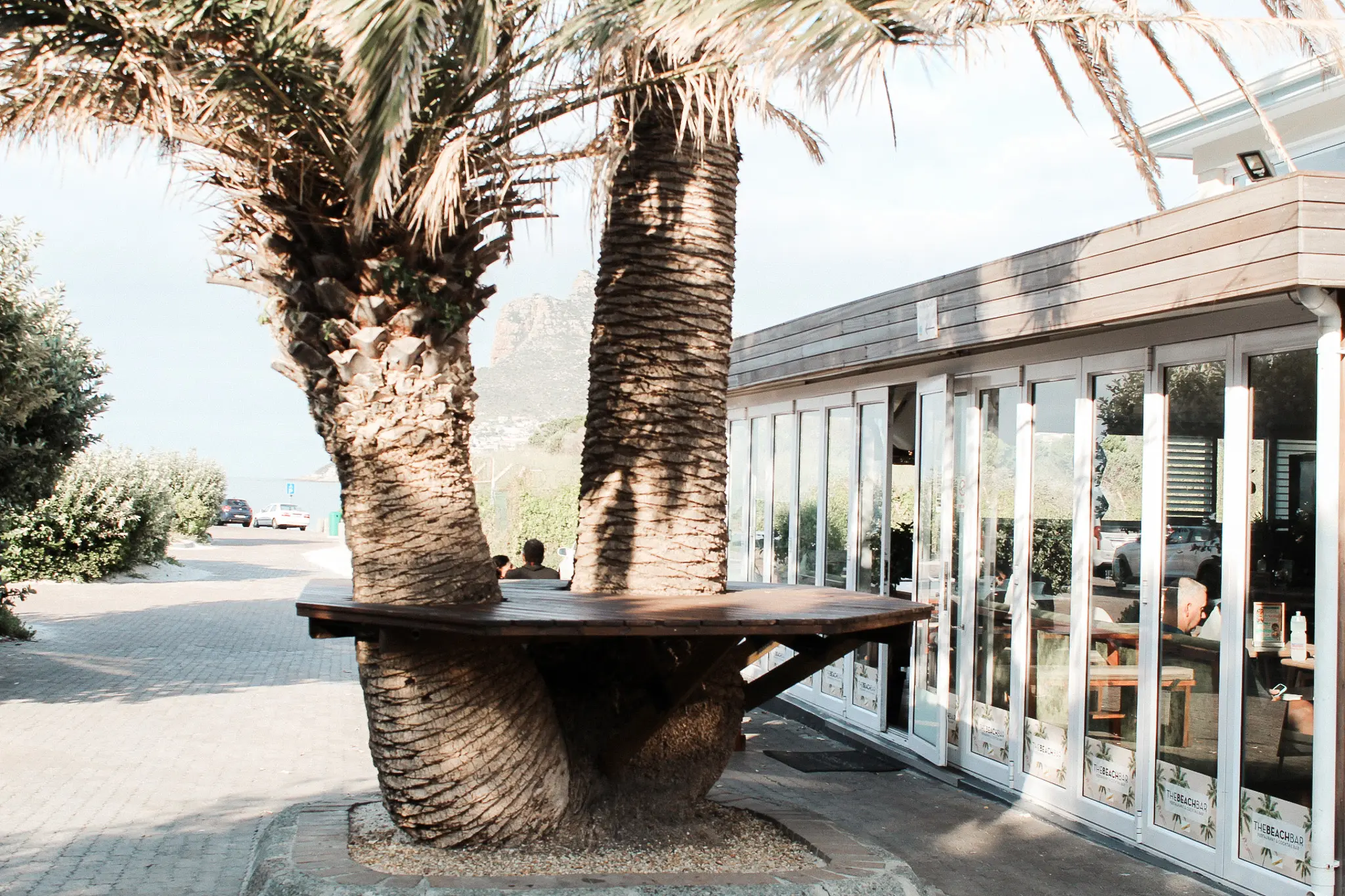 The Beach Bar Hout Bay exterior with palm trees, ocean views, and outdoor seating near the beach.
