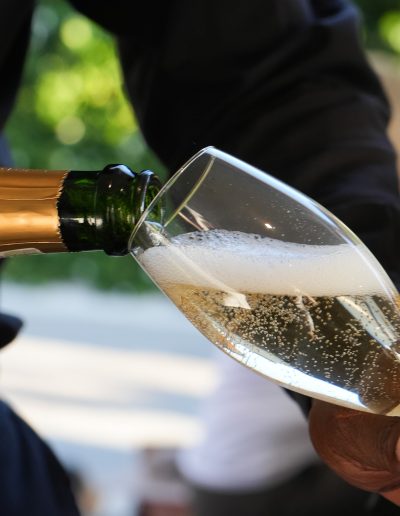 Chilled champagne glasses at seaside restaurant