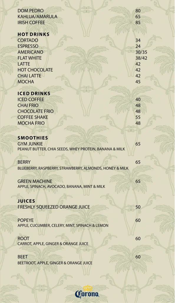 Beach Bar drinks menu