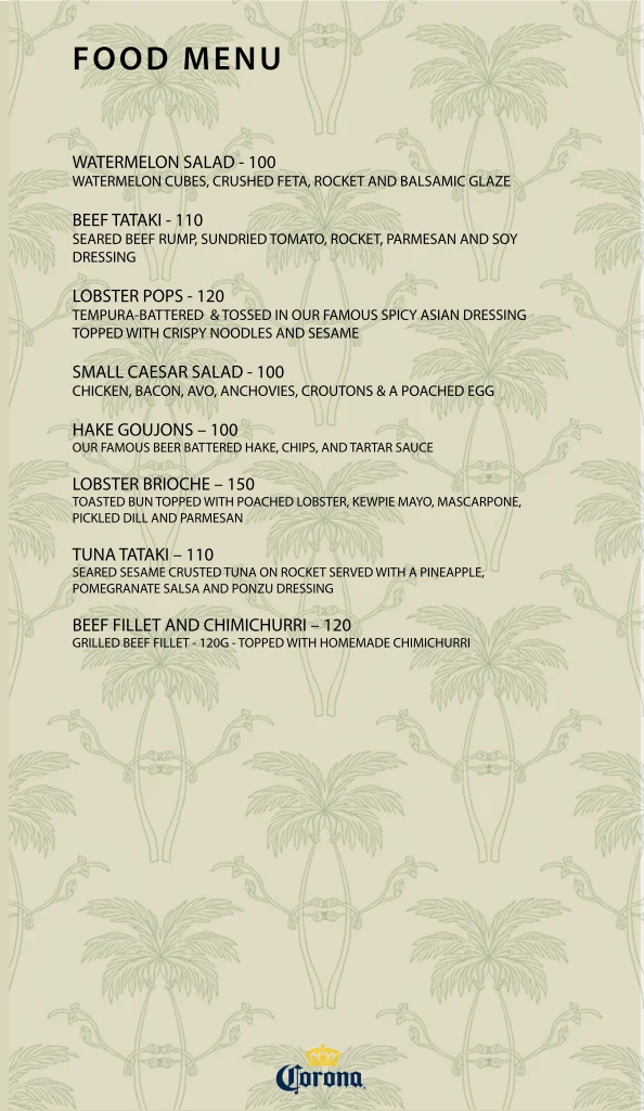 Beach Bar food and drinks menu