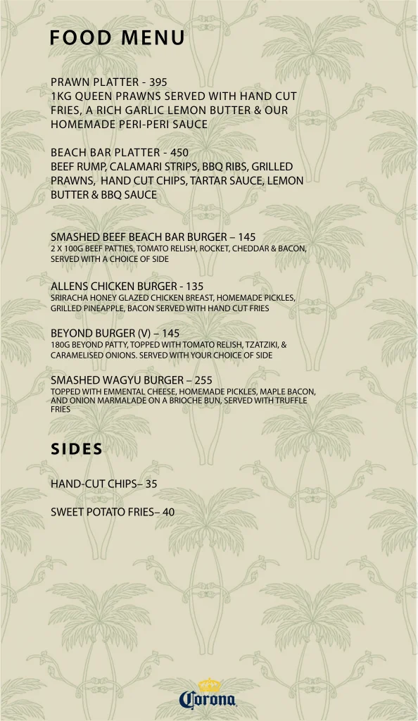 Beach Bar Cape Town restaurant menu