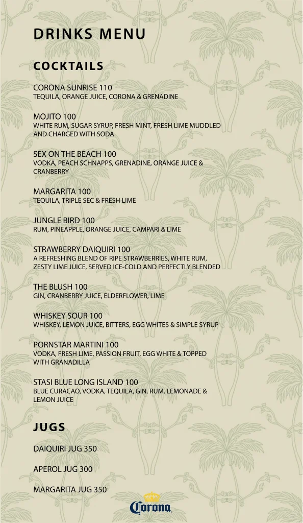 Beach Bar food and drinks menu